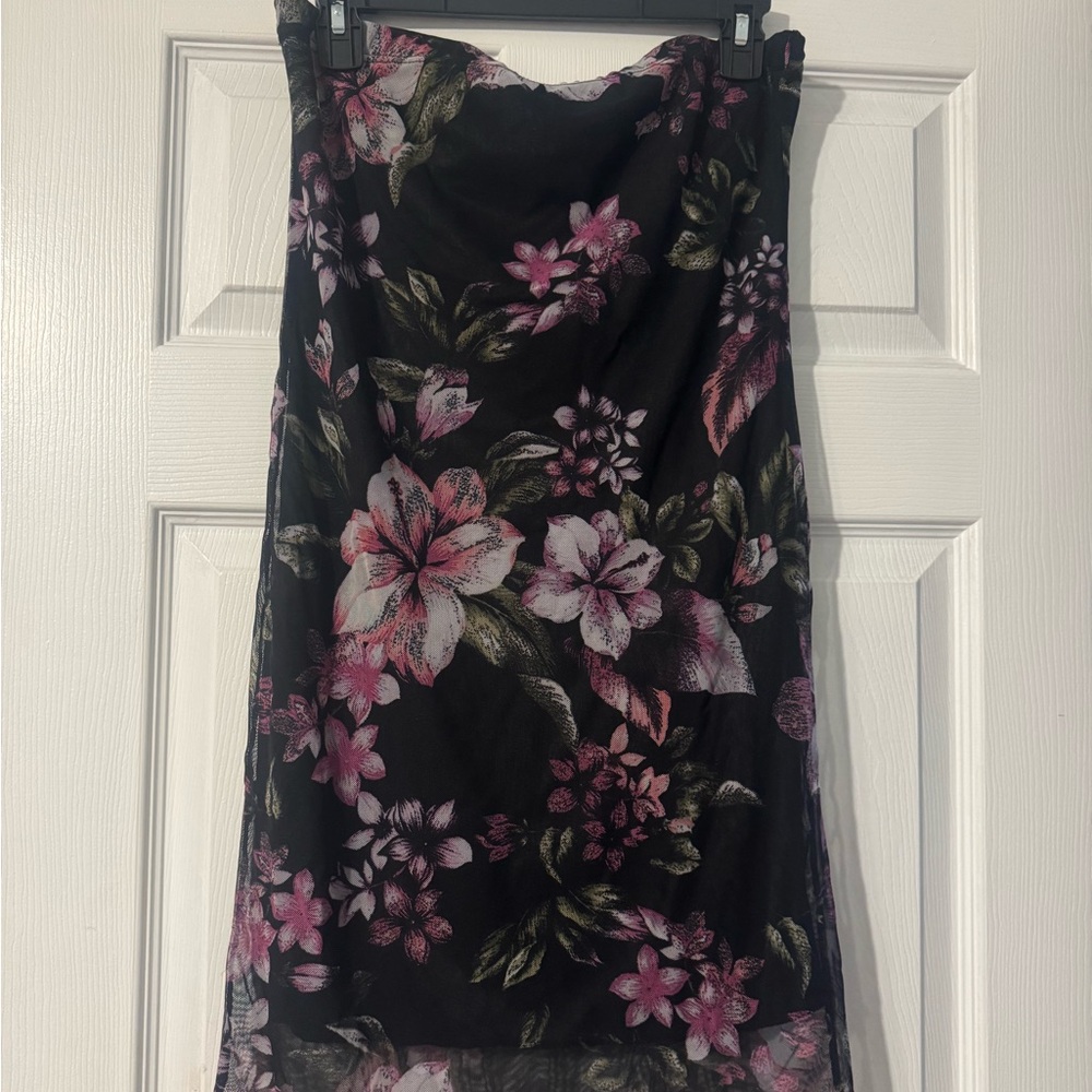 Chesley Black Slip Dress with Pink and Green Floral Accents